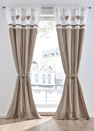 Potištěný závěs z organické bavlny s řasícím páskem (1 ks), barva: hnědošedá