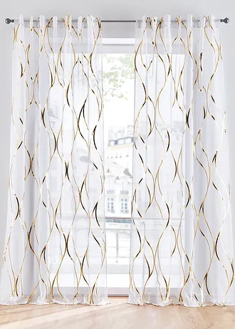 Transparant gordijn met glanzende print (1 stuk), Kleur: goudkleur-wit