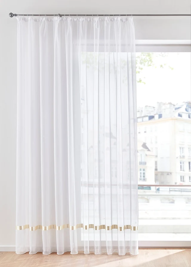 Vitrage met satijnen band, Kleur: wit-crème