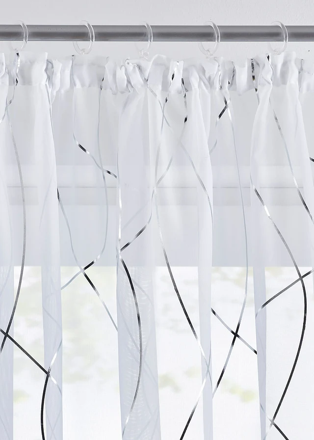 Gordijn met glanzende print met gerecycled polyester (1 stuk), Kleur: wit-zilver metallic