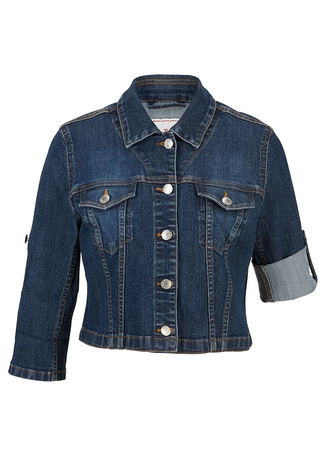 Veste courte en jean, manches 3/4, Couleur: bleu foncé denim