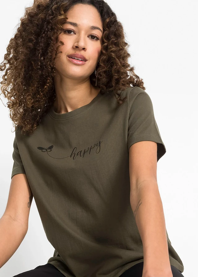 T-shirt van katoen • donkerolijfgroen met print • product-page.page-title-suffix