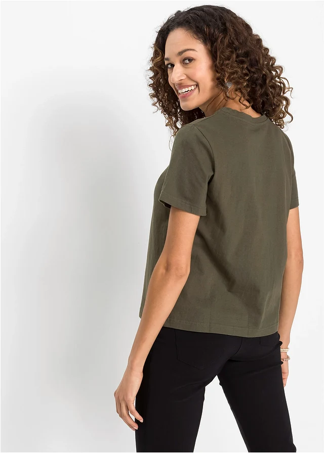 T-shirt van katoen • donkerolijfgroen met print • product-page.page-title-suffix
