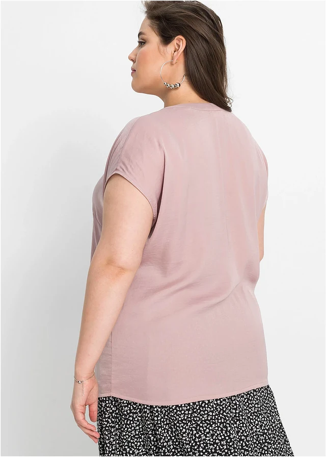 Satijnen tuniek met korte mouwen en oversized schouders, Kleur: rozenhout