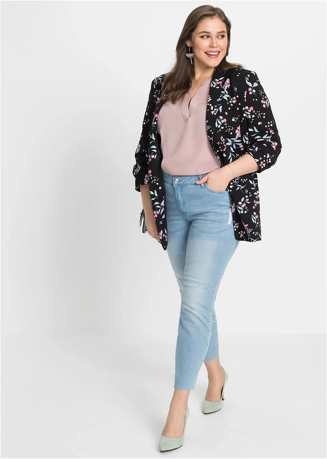 Lange blazer met print, Kleur: zwart gebloemd