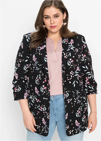 Lange blazer met print, Kleur: zwart gebloemd