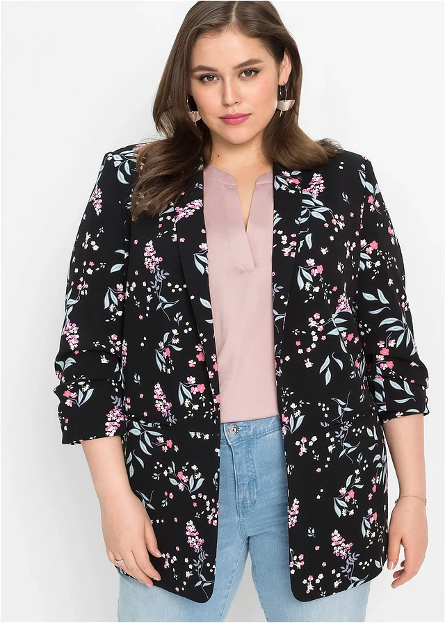 Blazer long imprimé, Couleur: noir floral