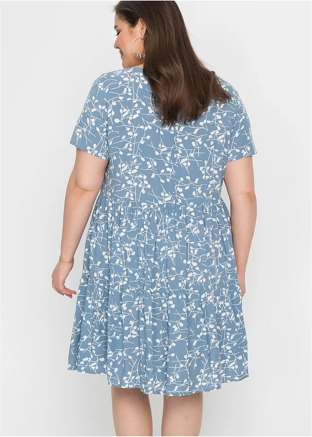 Robe courte en viscose fluide, Couleur: bleu clair/écru floral