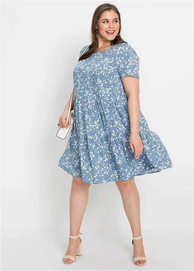 Robe courte en viscose fluide, Couleur: bleu clair/écru floral