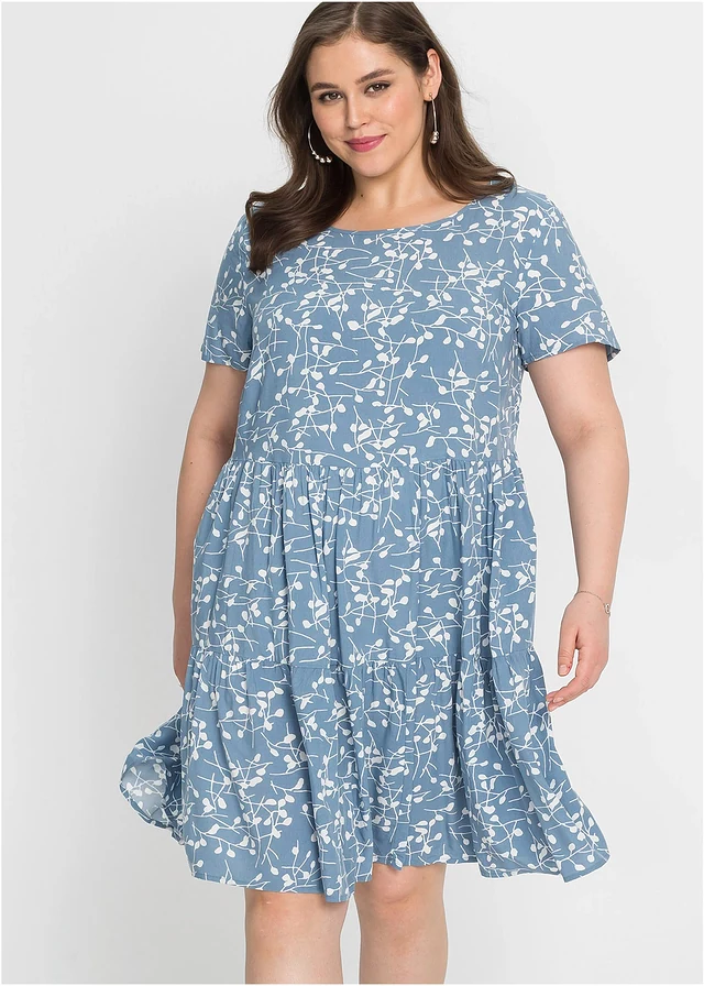 Robe courte en viscose fluide, Couleur: bleu clair/écru floral