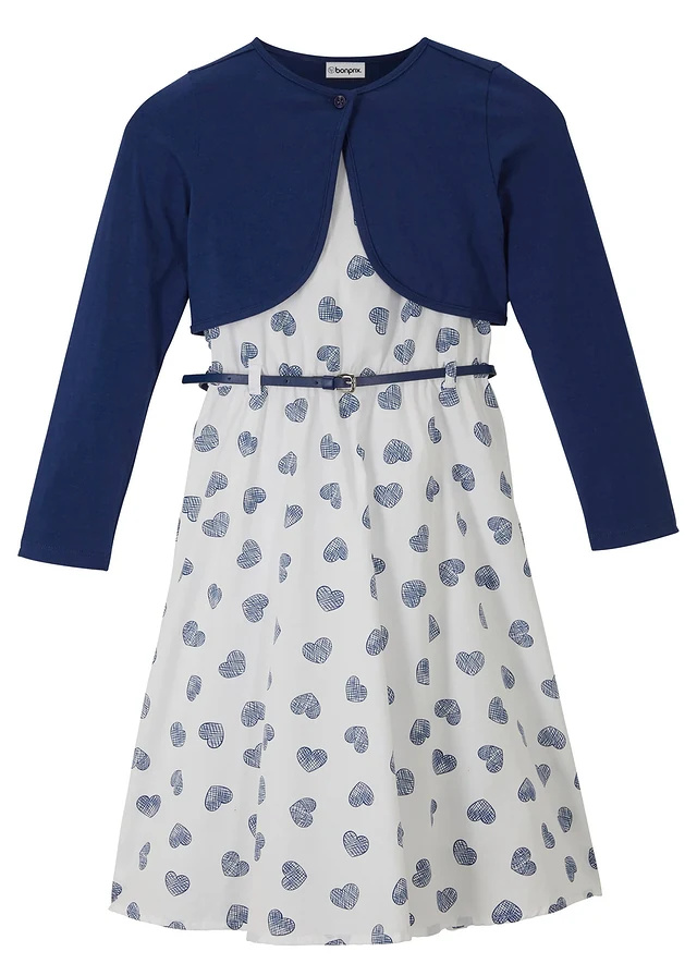 Jurk, bolero en riem (3-dlg. set), Kleur: middernachtblauw-wit