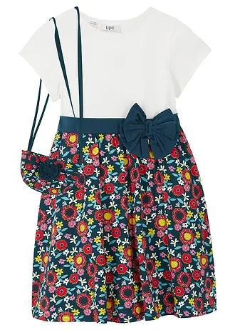 Sukienka shirtowa  + torebka (2 części), z czystej bawełny organicznej • biel wełny - ciemnoniebieski wzorzysty • sklep bonprix