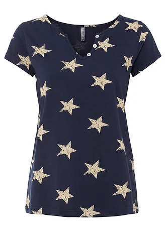 T-shirt 100% coton imprimé étoiles • bleu foncé/beige imprimé • Boutique bonprix