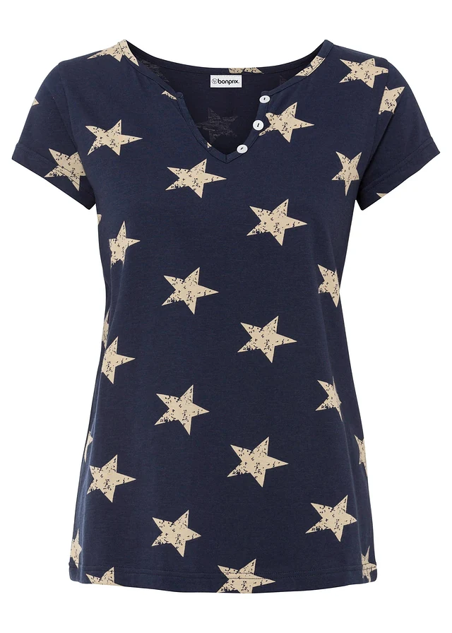 T-shirt 100% coton imprimé étoiles, Couleur: bleu foncé-beige imprimé