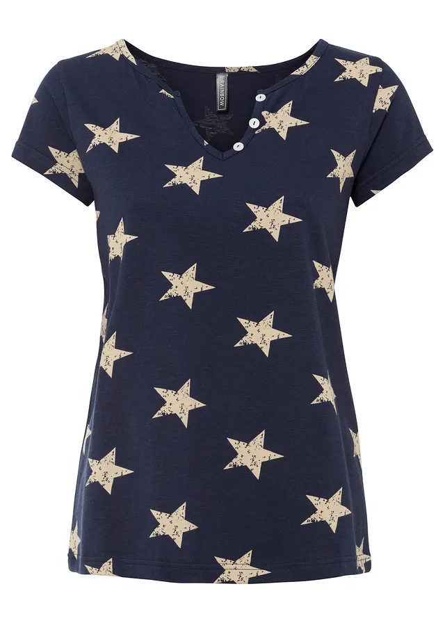 T-shirt 100% coton imprimé étoiles • bleu foncé/beige imprimé • Boutique bonprix
