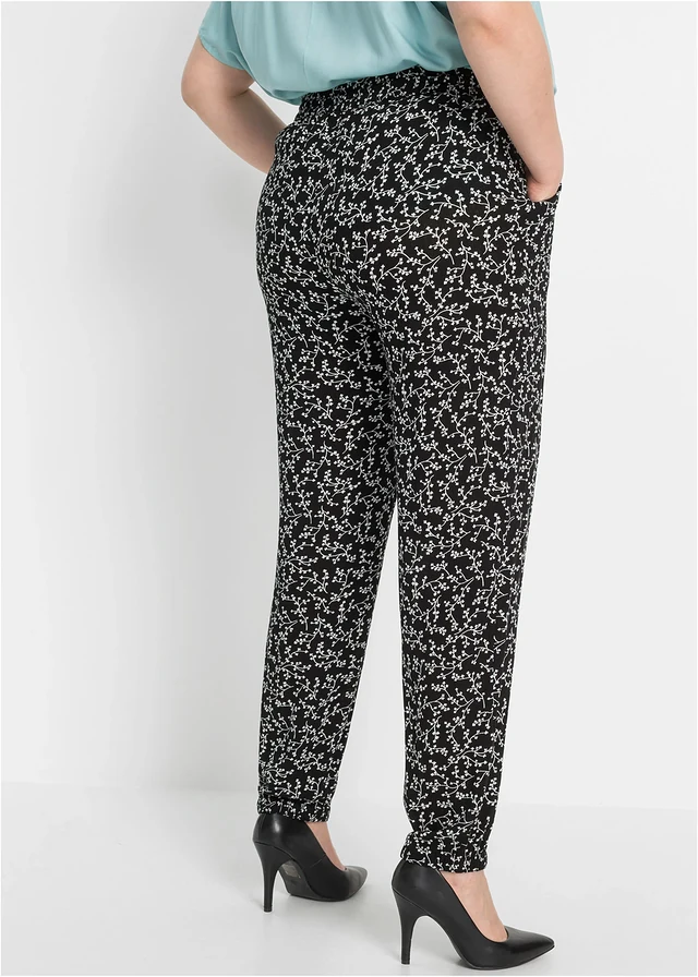 Instapbroek van viscose, Kleur: zwart/wolwit gebloemd