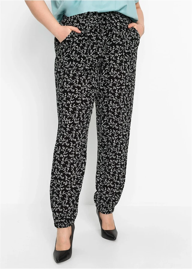 Instapbroek van viscose, Kleur: zwart/wolwit gebloemd