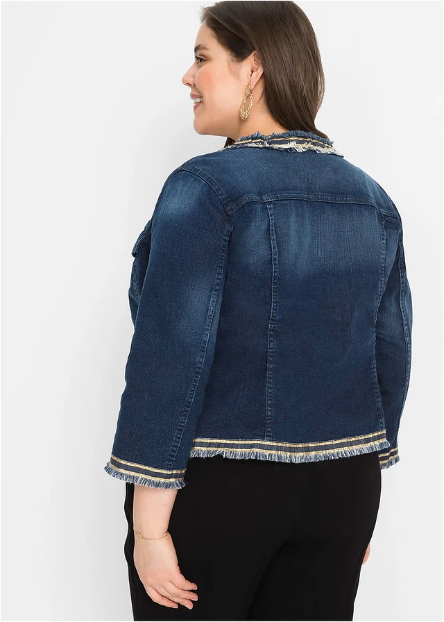 Veste en jean à franges, Couleur: dark denim