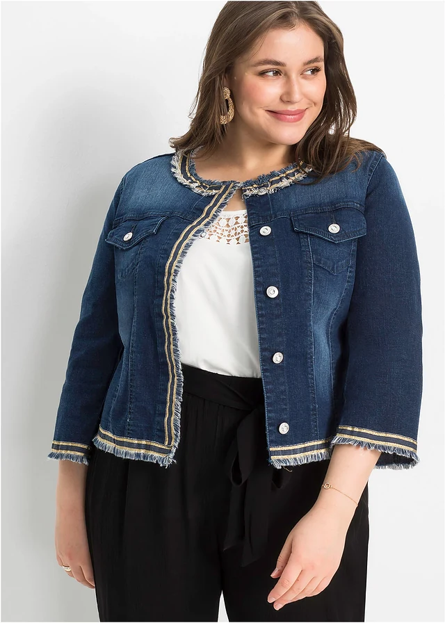 Veste en jean à franges, Couleur: dark denim