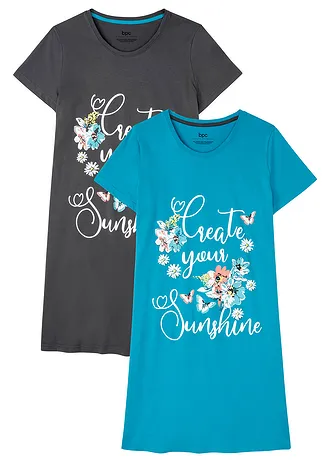 Lot de 2 chemises de nuit courtes 100% coton • gris ardoise-turquoise foncé imprimé • Boutique bonprix