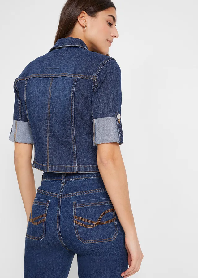 Veste courte en jean, manches 3/4, Couleur: bleu foncé denim