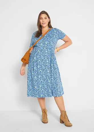 Bavlněné šaty ze žerzeje, midi délka, barva: modro-tulipánově žlutá s květy