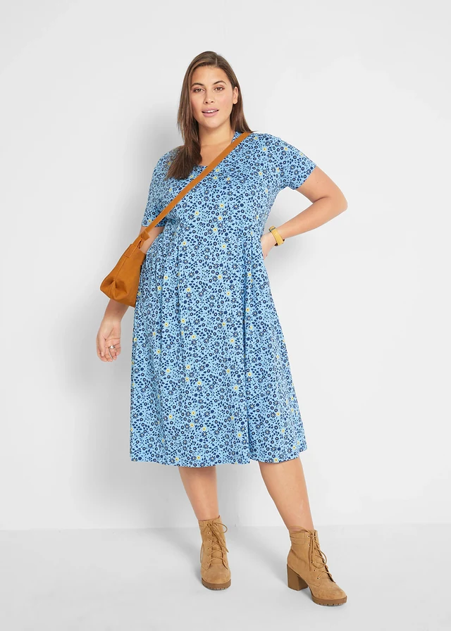 Robe midi en jersey coton, Couleur: bleu layette-jaune tulipe floral