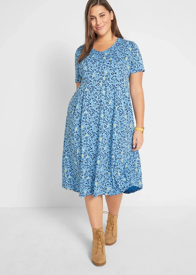 Robe midi en jersey coton, Couleur: bleu layette-jaune tulipe floral