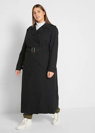 Lange trenchcoat met een ceintuur, Kleur: zwart