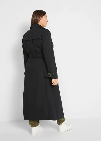 Lange trenchcoat met een ceintuur, Kleur: zwart