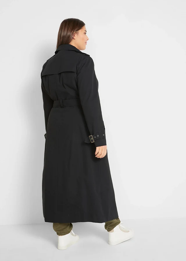 Trench-coat long ceinturé à la taille, Couleur: noir