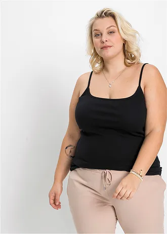 Lot de 2 tops à bretelles spaghetti 100% coton, Couleur: blanc/noir