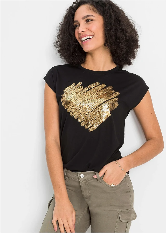 T-shirt doux, Couleur: noir imprimé