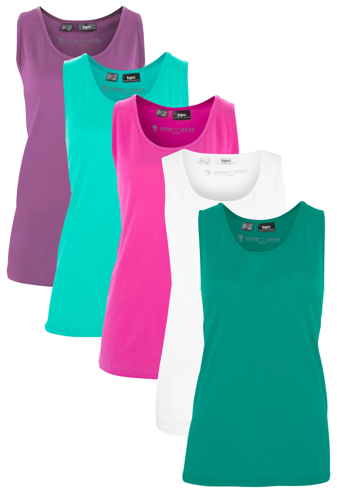 Lot de 5 débardeurs longs 100% coton • émeraude + raisin + fuchsia moyen + blanc + vert menthe • Boutique bonprix