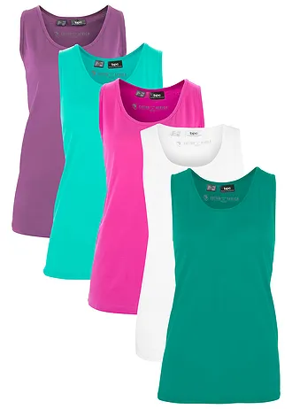 Lot de 5 débardeurs longs 100% coton • émeraude + raisin + fuchsia moyen + blanc + vert menthe • Boutique bonprix