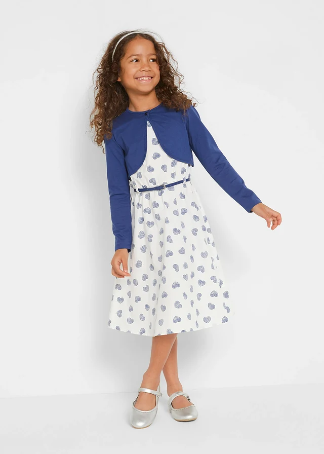 Jurk, bolero en riem (3-dlg. set), Kleur: middernachtblauw-wit