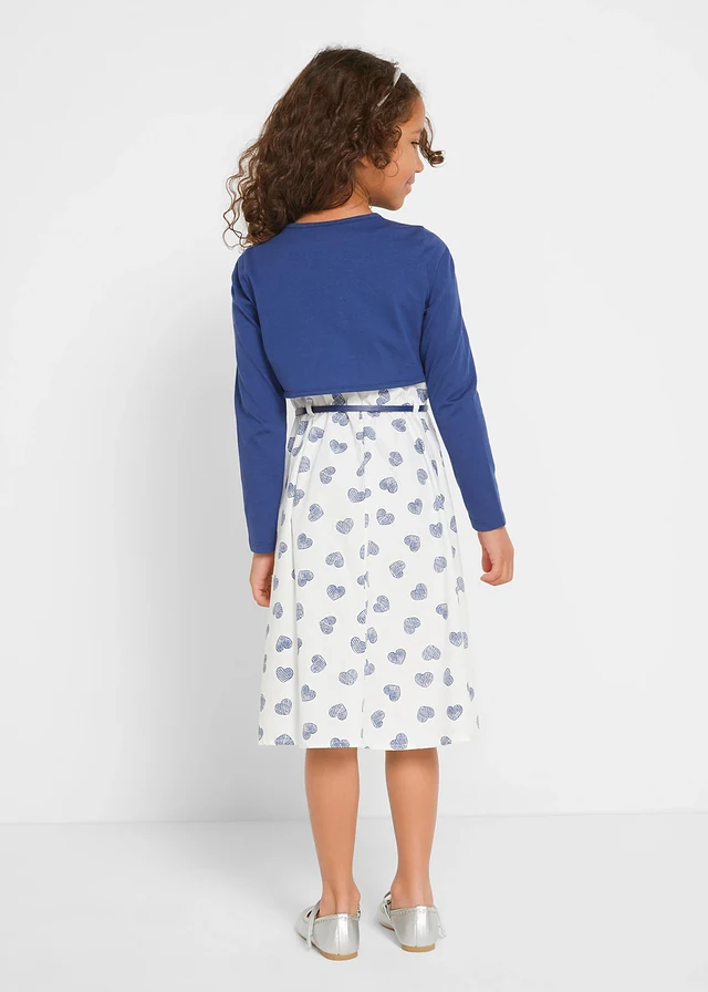 Jurk, bolero en riem (3-dlg. set), Kleur: middernachtblauw-wit
