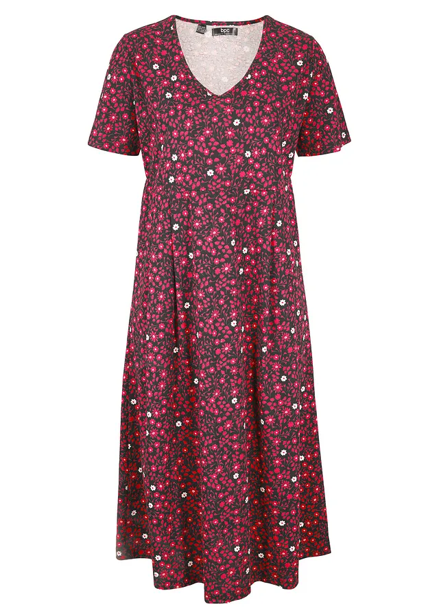 Rochie midi din jerse de bumbac • negru/roșu-rodie floral • magazin bonprix