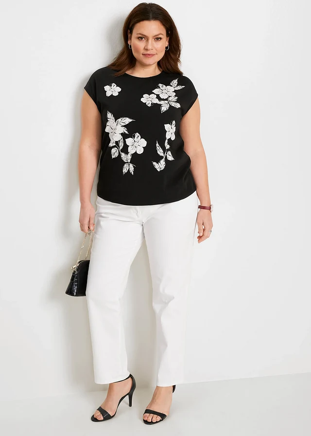 T-shirt à motif floral, Couleur: noir/blanc/argenté à fleurs