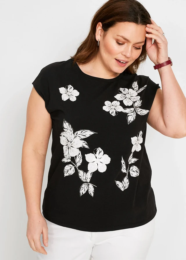 Shirt met bloemenprint, Kleur: zwart-wit-zilver gebloemd