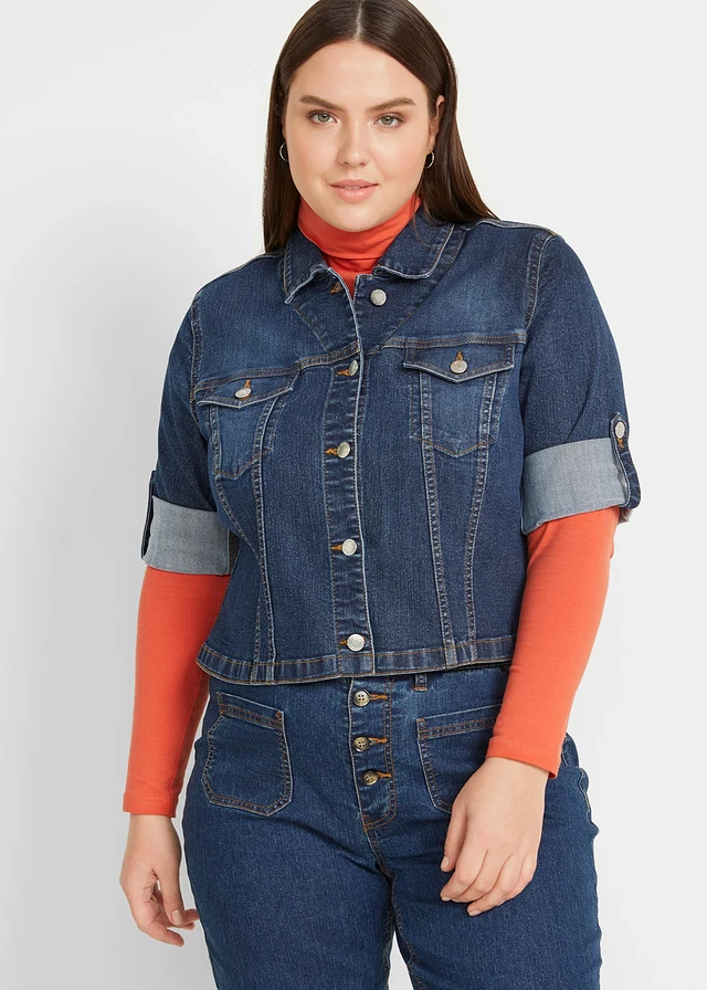 Korte spijkerjas met 3/4 mouwen, Kleur: donkerblauw denim