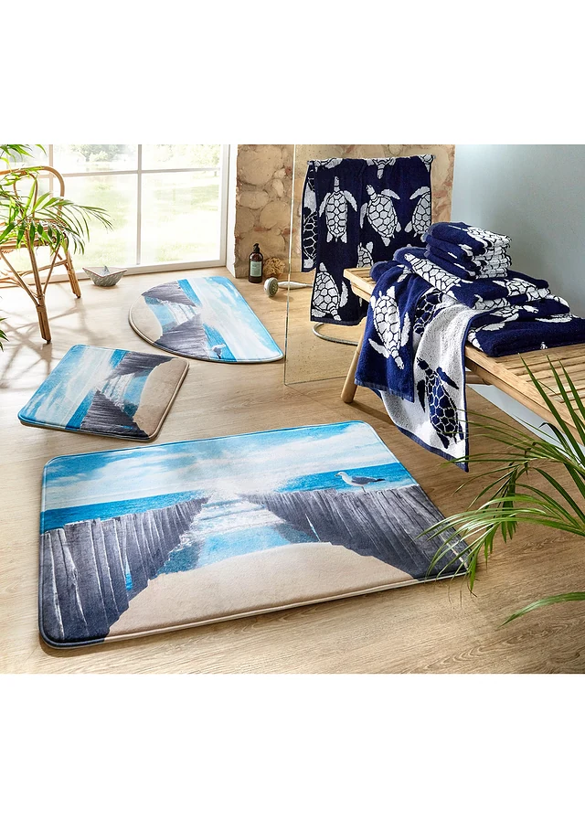 Serviette de toilette pur coton motif tortue, Couleur: bleu