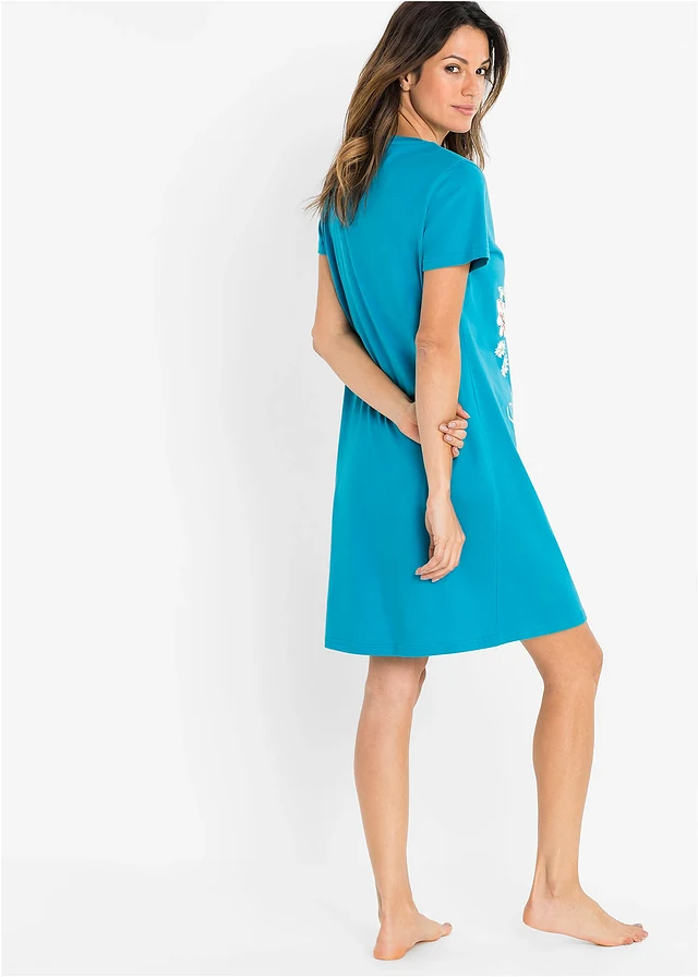 Lot de 2 chemises de nuit courtes 100% coton, Couleur: gris ardoise/turquoise foncé imprimé