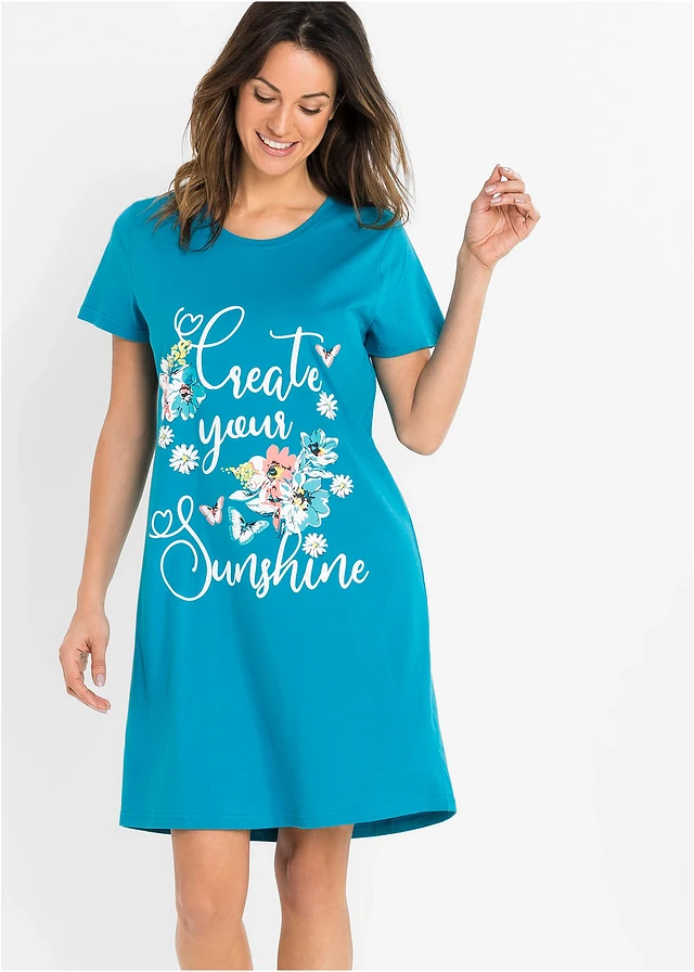 Lot de 2 chemises de nuit courtes 100% coton, Couleur: gris ardoise/turquoise foncé imprimé