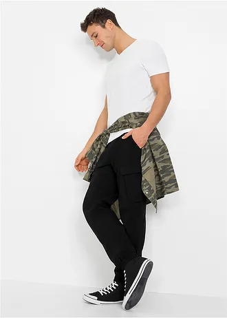 Strečové kalhoty Regular Fit Straight s cargo kapsami, bez zapínání, barva: černá