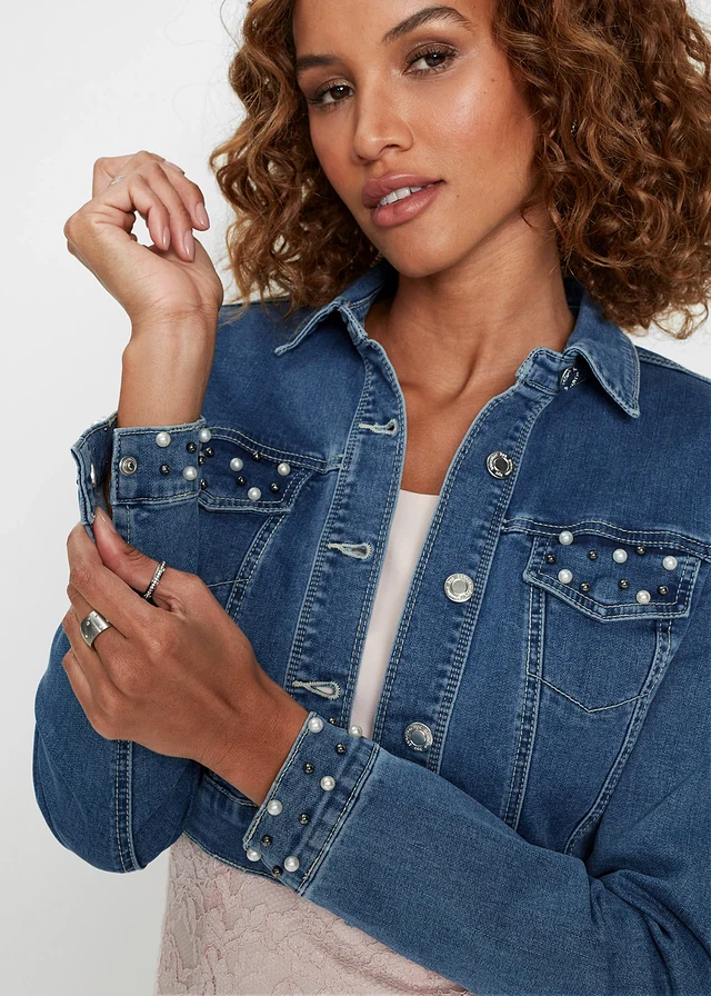 Farmer boleró gyöngyökkel • kék denim • bonprix áruház