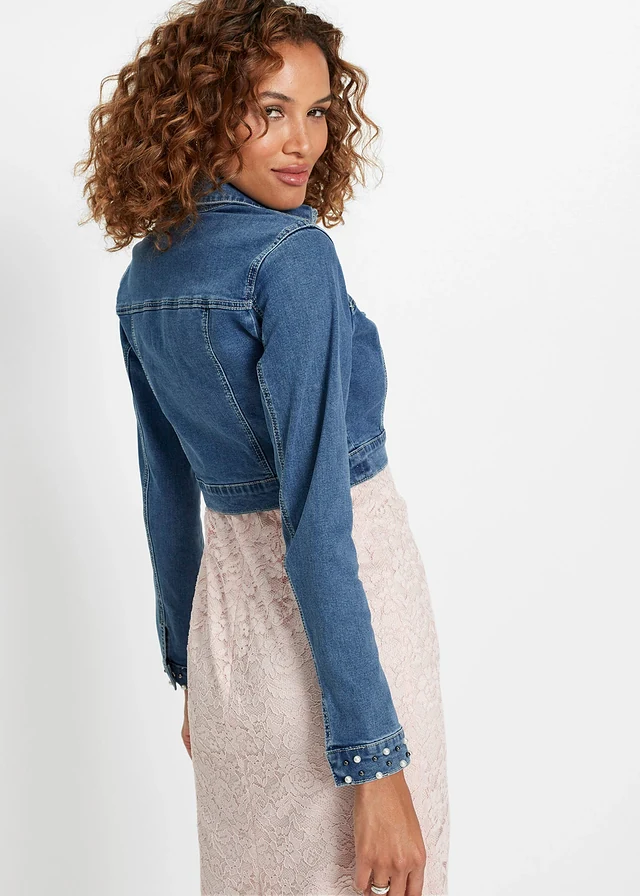 Boléro en jean avec perles, Couleur: bleu denim