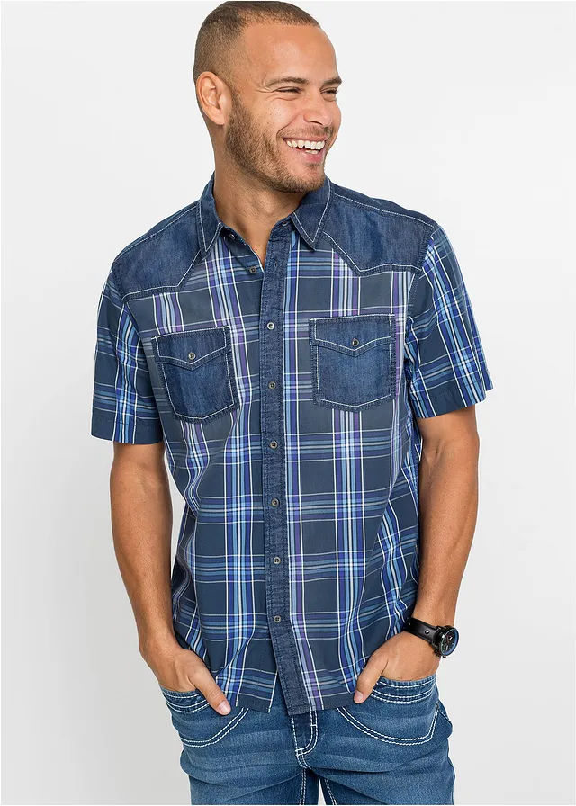 Overhemd met denim details en korte mouwen van katoen, Kleur: blauw geruit