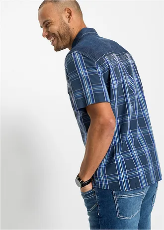 Overhemd met denim details en korte mouwen van katoen • blauw geruit • bonprix online shop
