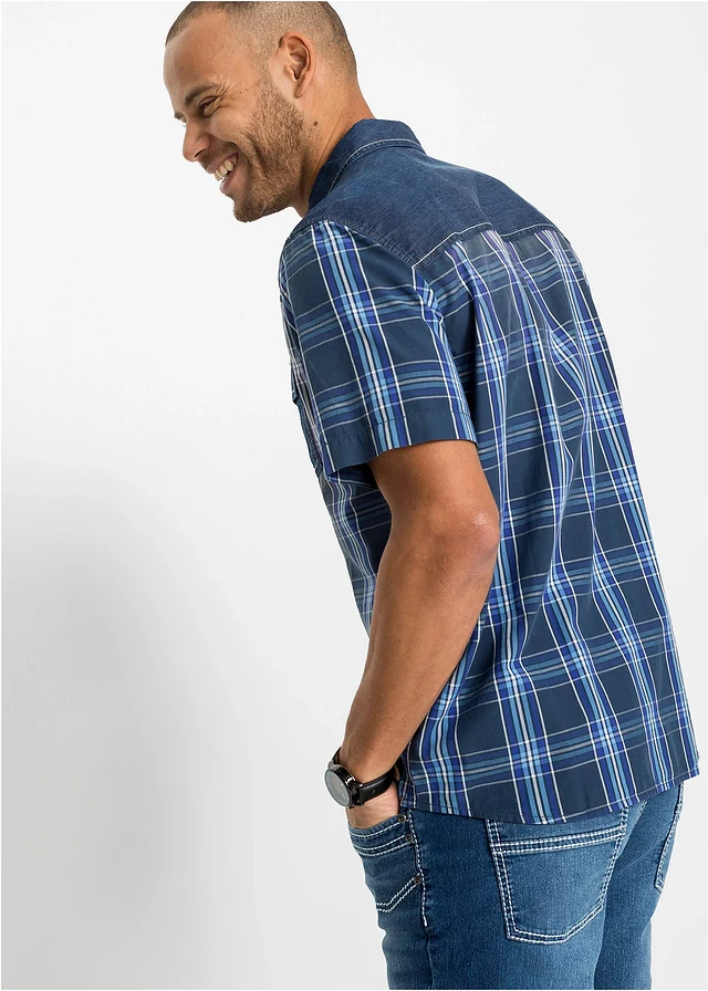 Chemise manches courtes 100% coton avec détails en jean, Couleur: bleu carreaux